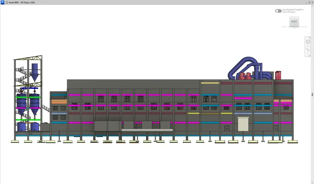Side elevation 3D view of an industrial feed mill showing multi-level processing areas and external piping systems.