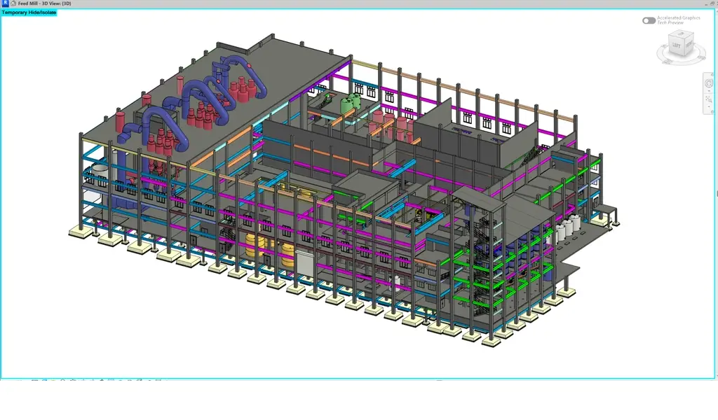 Detailed 3D industrial model showing the equipment layout and machinery arrangement inside a modern feed mill facility.