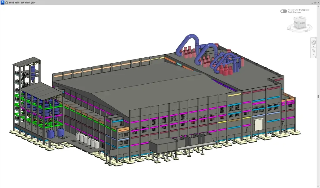 Detailed BIM 3D model of an industrial feed mill facility in **Tamil Nadu** showing structural steel and piping.