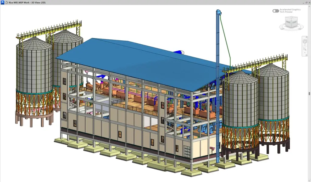 Detailed 3D MEP model of a rice mill facility in Tamil Nadu featuring processing equipment, grain silos, and structural steel.