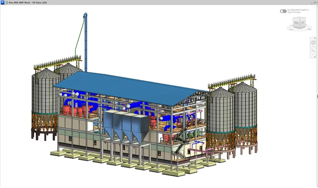 Rear isometric 3D view of a rice mill facility model highlighting MEP piping systems, industrial equipment, and large grain silos.