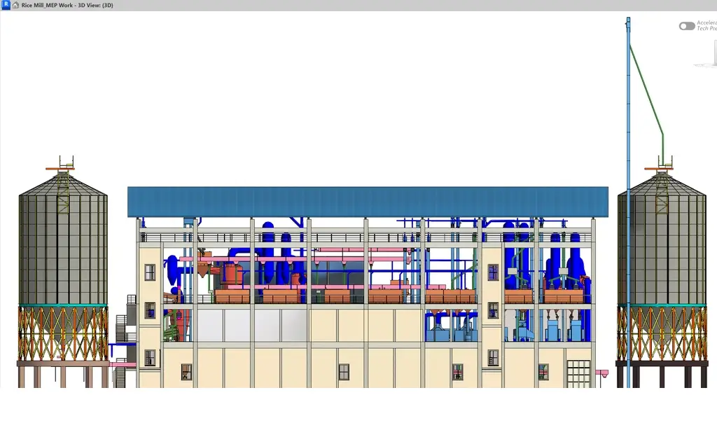 Side elevation view of a rice mill MEP 3D model showing complex piping, processing machinery, and grain storage silos.
