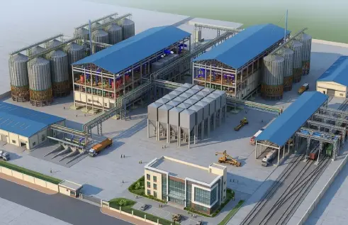 3D architectural rendering of a large-scale industrial processing facility with logistics infrastructure.