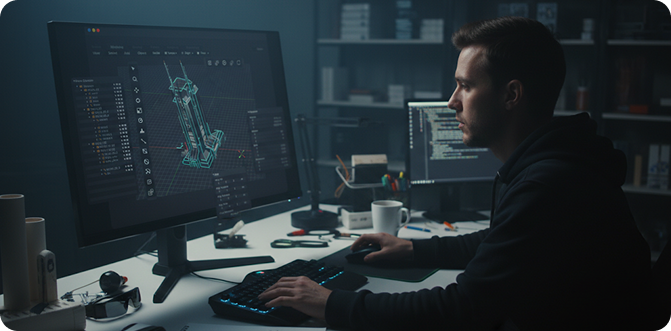 Software engineer working on 3D modeling project on computer